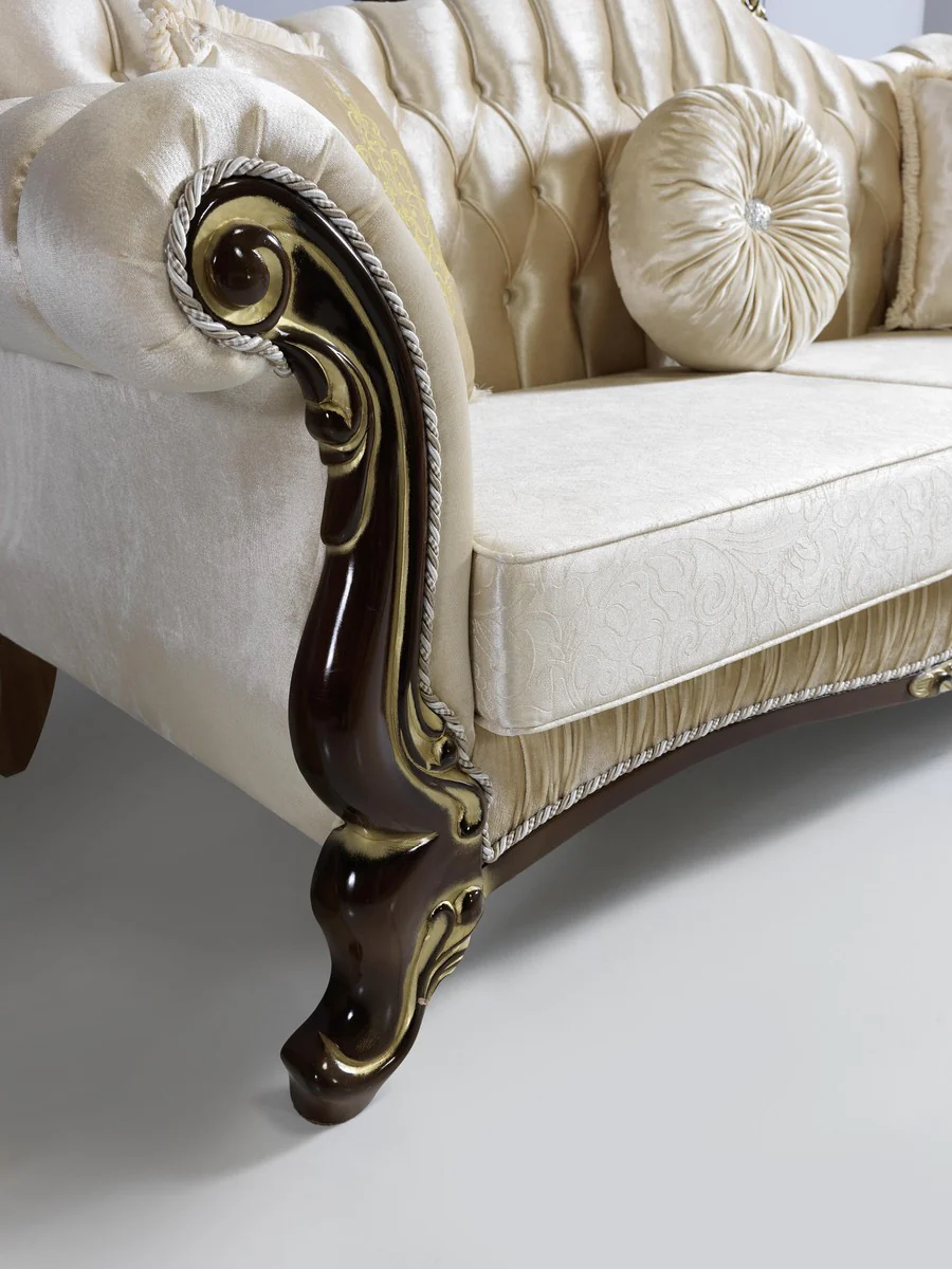 Barock Wohnzimmer Set Champagnerfarben / Schwarz / Gold - 2 Sofas & 2 Sessel & 1 Couchtisch - Wohnzimmer Möbel - Edel & Prunkvoll