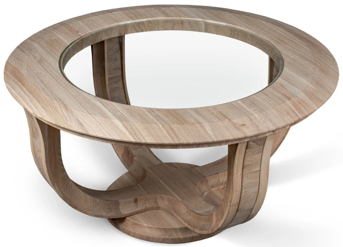 Luxus Massivholz Couchtisch Naturfarben Ø 73 x H. 43 cm - Runder Eichenholz Wohnzimmertisch mit Glasplatte - Massivholz Wohnzimmer Möbel