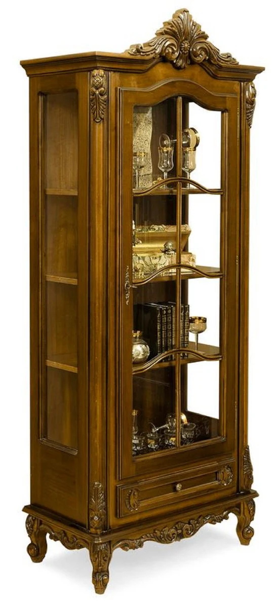 Luxus Barock Vitrine Braun - Prunkvoller Massivholz Vitrinenschrank mit Glastür und Schublade - Handgefertigte Barock Möbel - Edel & Prunkvoll