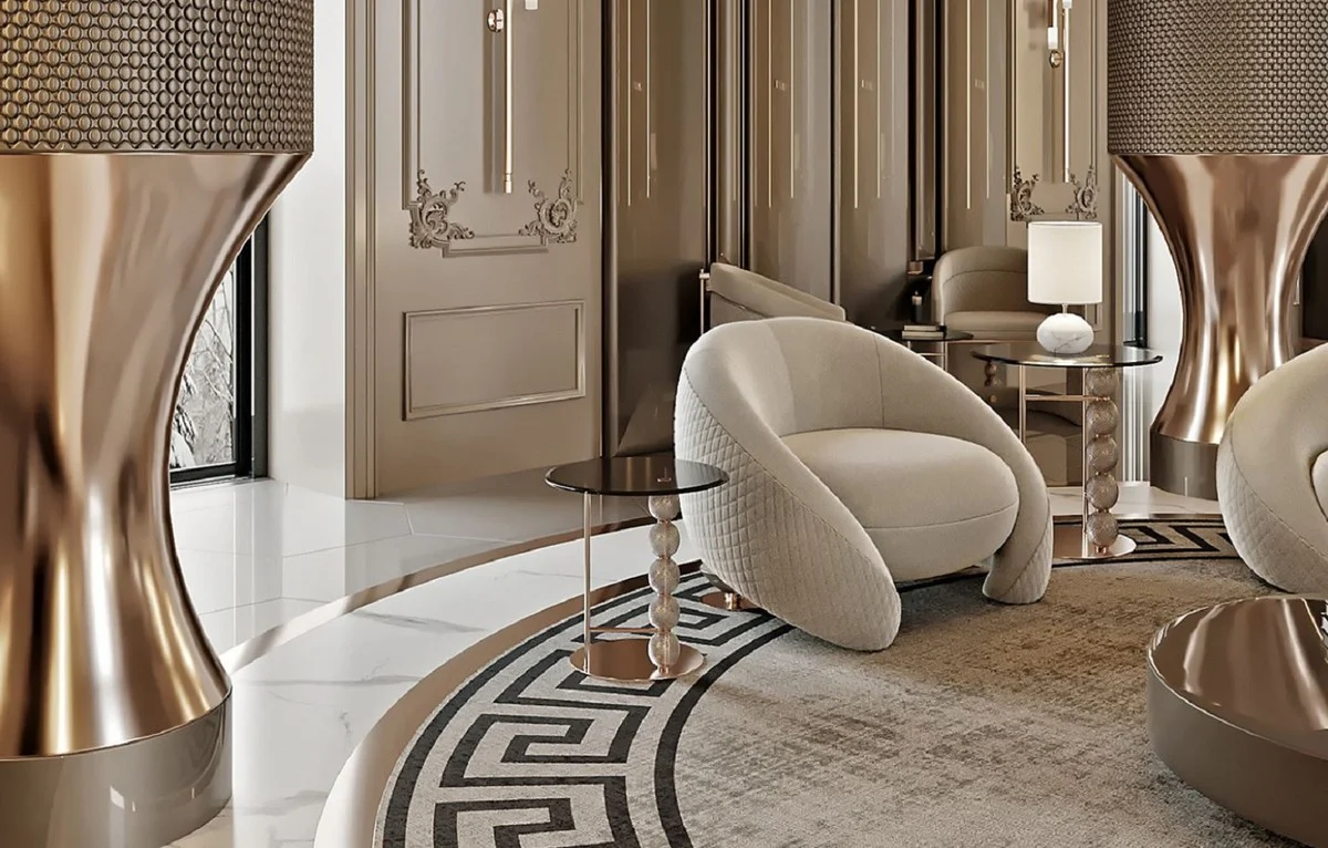 Luxus Beistelltisch Kupfer / Schwarz Ø 57 x H. 60,5 cm - Runder Metall Tisch mit Glasplatte und dekorativen Glaskugeln - Wohnzimmer Möbel - Hotel Möbel - Luxus Möbel