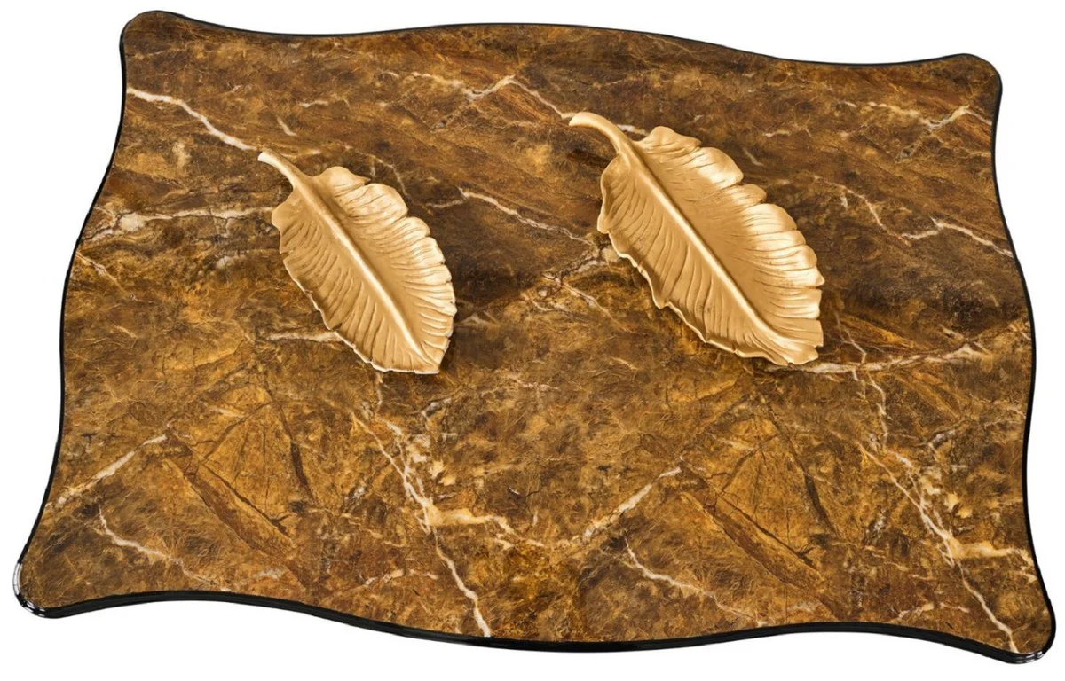 Luxus Barock Couchtisch Braun / Schwarz / Gold 117 x 77 x H. 46 cm - Prunkvoller Massivholz Wohnzimmertisch mit Tischplatte in Marmoroptik - Barock Möbel