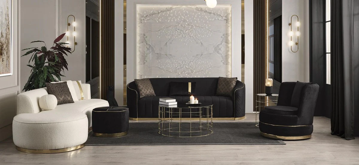 Luxus Samt 3er Sofa Schwarz / Gold 240 x 95 x H. 74 cm - Wohnzimmer Sofa mit edlem Samtstoff - Wohnzimmer Möbel - Luxus Möbel - Wohnzimmer Einrichtung - Luxus Einrichtung