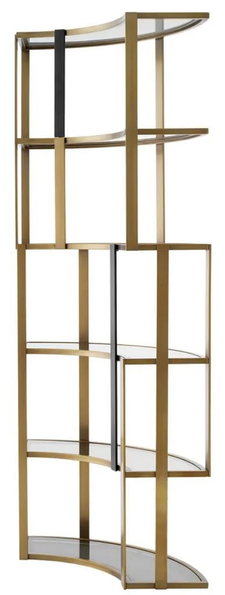 Luxus Regalschrank Messing / Schwarz / Grau 115 x 37 x H. 240 cm - Gebogener Metall Schrank mit 6 Glasregalen - Wohnzimmer Möbel - Hotel Möbel - Luxus Möbel - Luxus Qualität