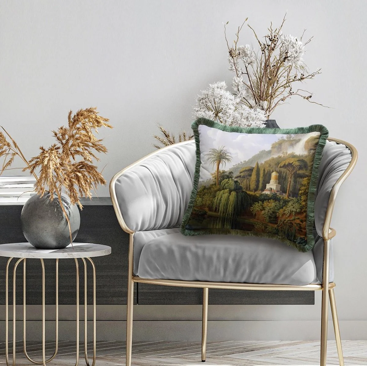Luxus Deko Kissen Landschaft Mehrfarbig / Grün 45 x 45 cm - Bedrucktes Samt Kissen mit Fransen - Luxus Deko Accessoires