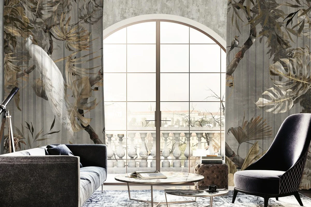 Luxus Vorhang Set Weißer Pfau im Wald Grau / Mehrfarbig 250 x H. 290 cm - Bedruckte Leinen & Samt Vorhänge - Ösenvorhänge - Schiebevorhänge - Luxus Wohnzimmer Vorhänge