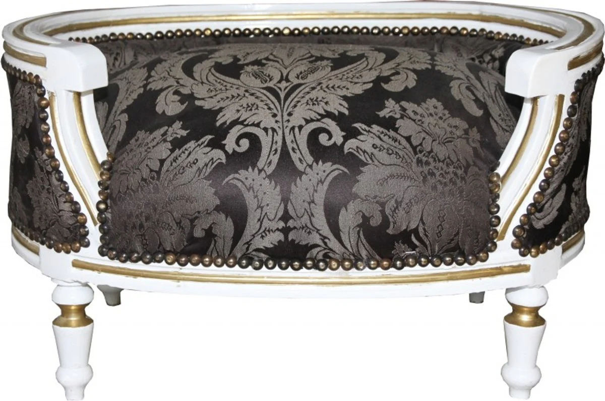 Barock Hunde & Katzen Sofa Schwarz Barock Muster / Weiss/Gold - Hundesessel Sitz Hundebett Katzenbett Hund Katze Möbel