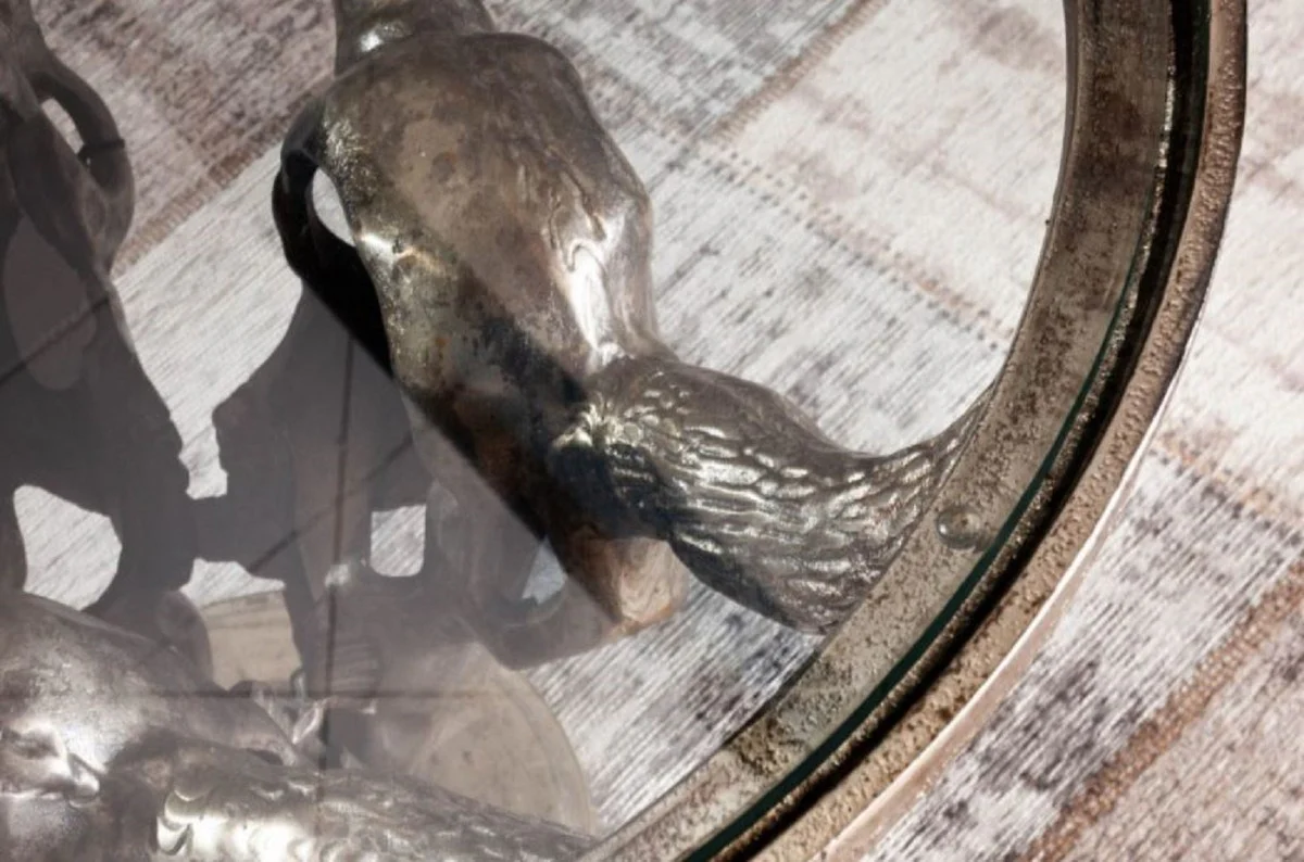 Designer Couchtisch Antik Bronze Ø 56 x H. 53 cm - Runder Wohnzimmertisch mit 3 dekorativen Stierköpfen und Glasplatte - Wohnzimmer Möbel