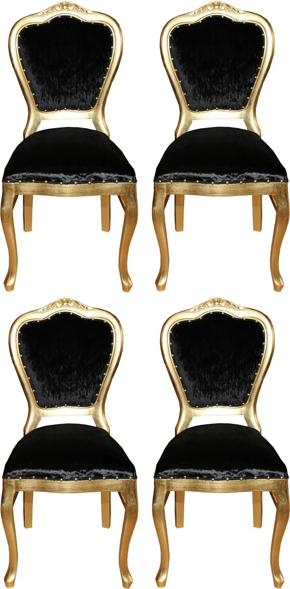 Luxus Barock Esszimmer Set Schwarz / Gold 45 x 46 x H. 99 cm - 4 handgefertigte Esszimmerstühle - Barock Esszimmermöbel