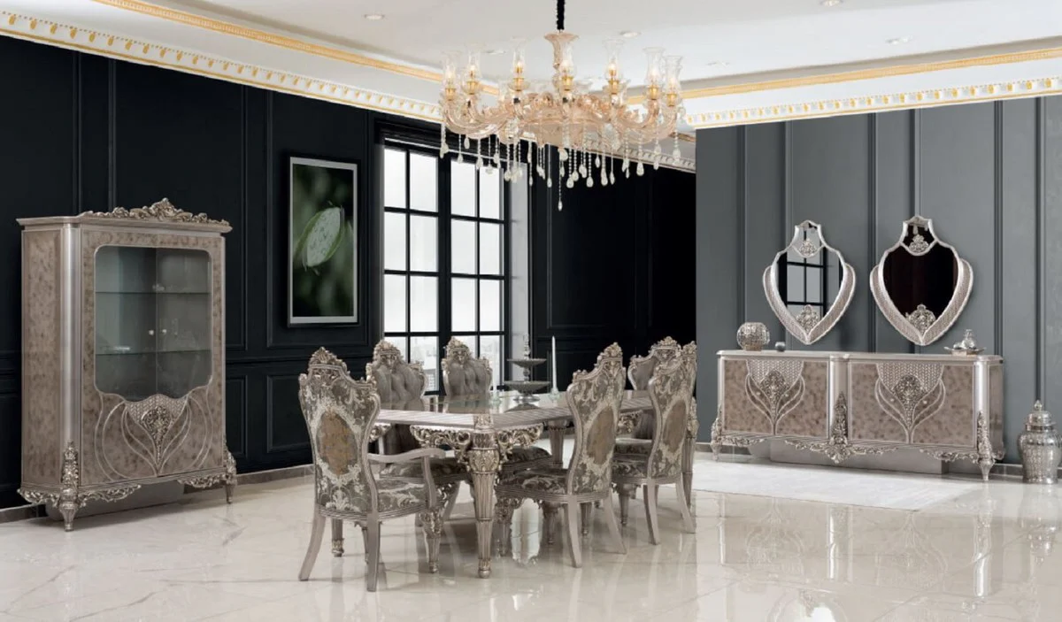 Luxus Barock Esszimmer Set Grau / Silber - 1 Esstisch & 8 Esszimmerstühle - Prunkvolle Esszimmer Möbel im Barockstil