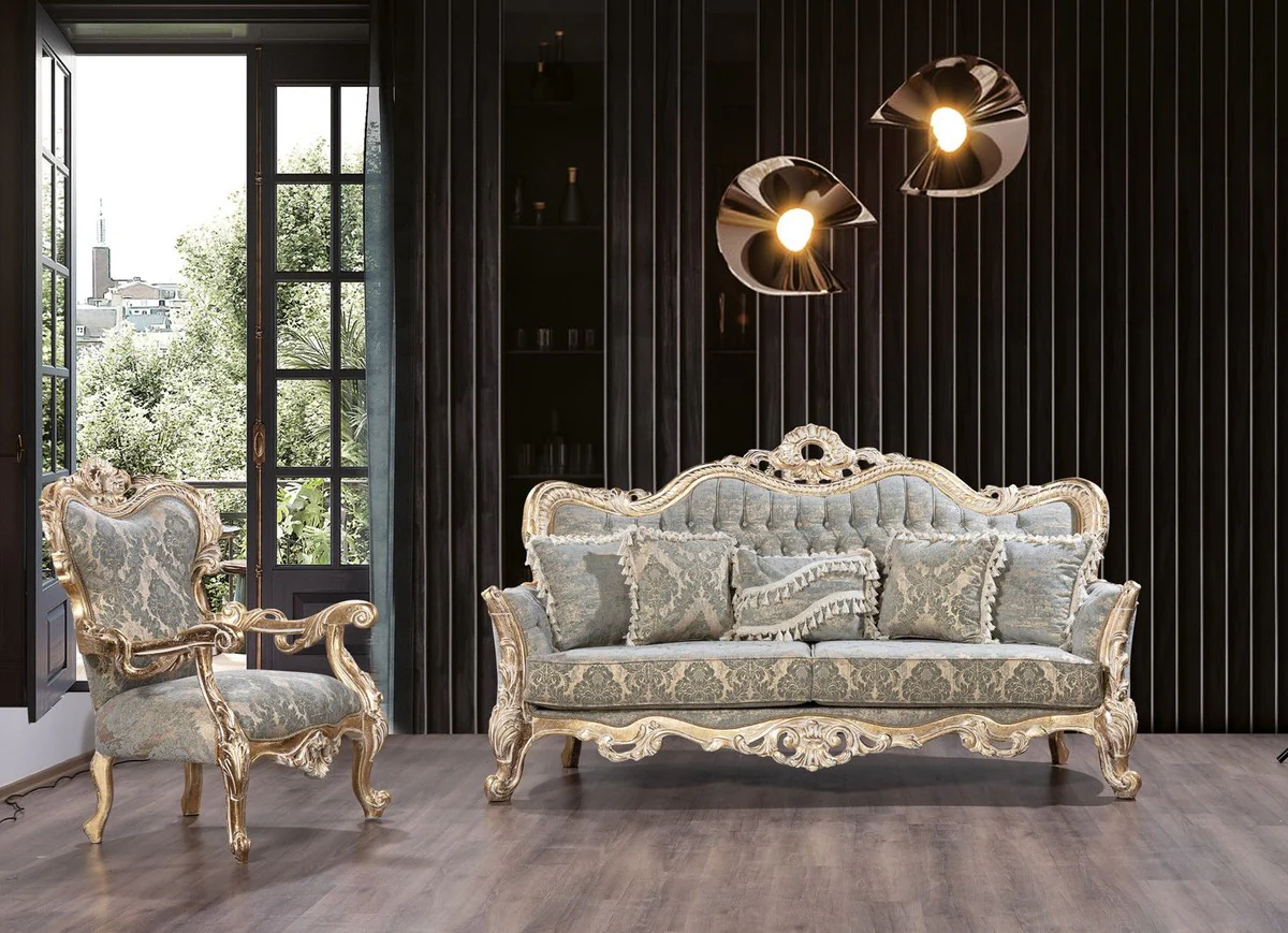 Luxus Barock Sofa Grün / Antik Gold - Barockstil Wohnzimmer Sofa mit elegantem Muster - Luxus Wohnzimmer Möbel im Barockstil - Barock Möbel - Barock Einrichtung