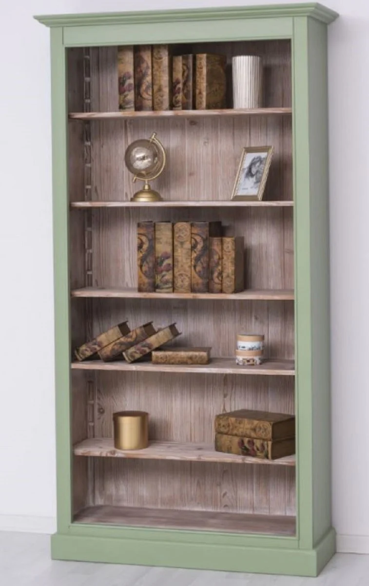 Landhausstil Bücherschrank Grün / Naturfarben 110 x 39 x H. 210 cm - Massivholz Schrank - Regalschrank - Wohnzimmerschrank - Büroschrank - Landhausstil Möbel