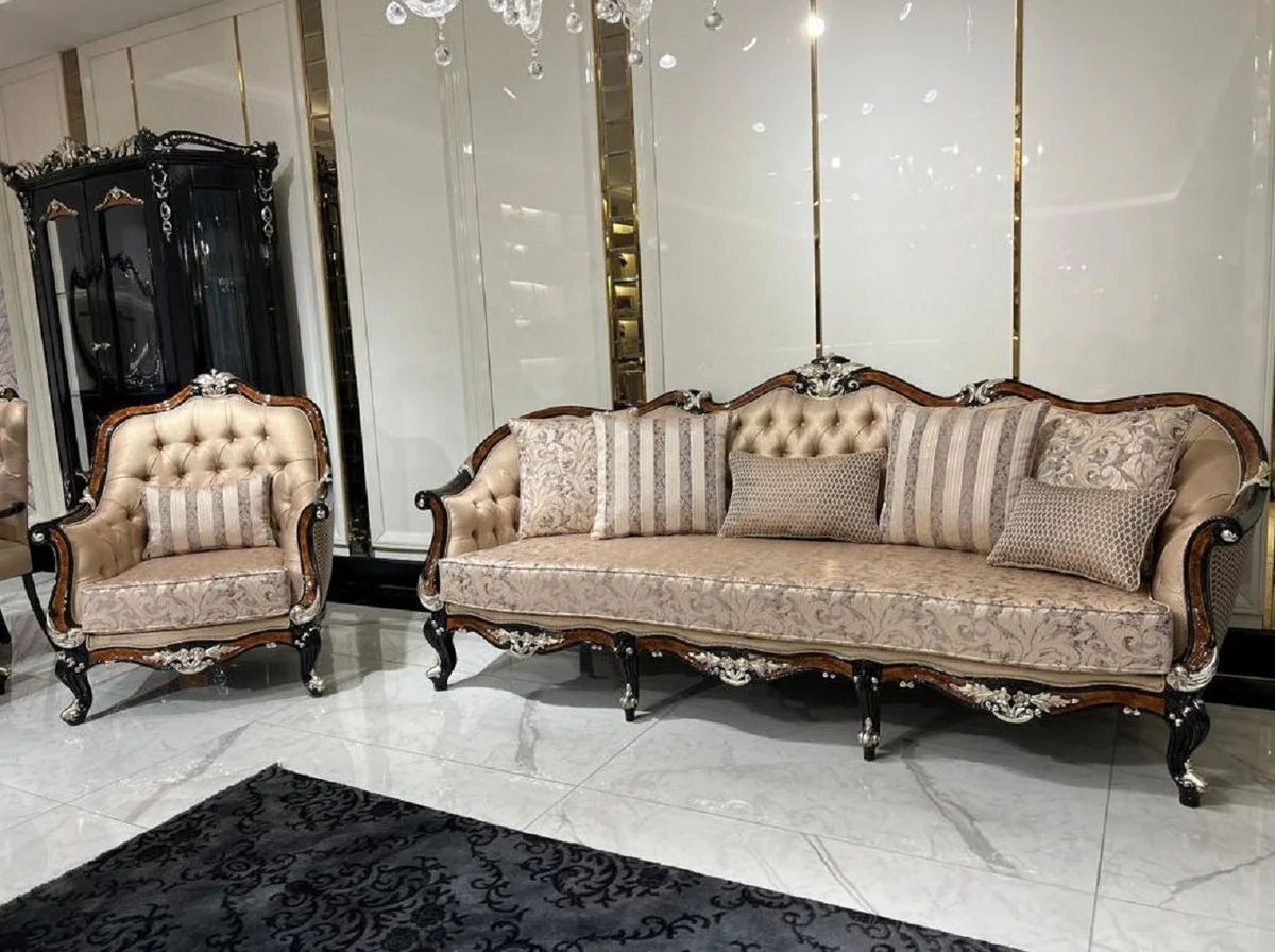 Luxus Barock Wohnzimmer Sofa Gold / Braun / Schwarz / Silber - Prunkvolles Barockstil Sofa mit dekorativen Kissen - Luxus Wohnzimmer Möbel im Barockstil - Barock Möbel