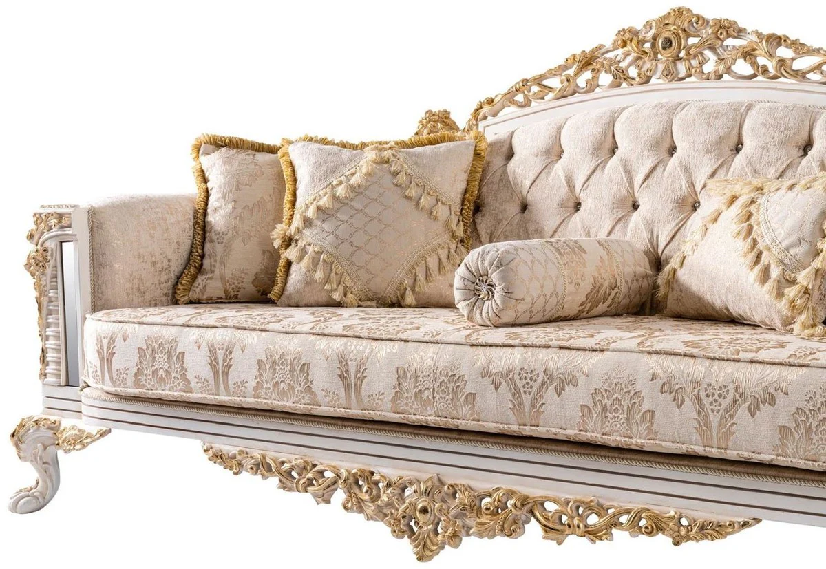 Luxus Barock Sofa Beige / Weiß / Gold - Prunkvolles Wohnzimmer Sofa mit Glitzersteinen - Barockstil Wohnzimmer Möbel - Luxus Möbel im Barockstil - Barock Einrichtung - Edel & Prunkvoll