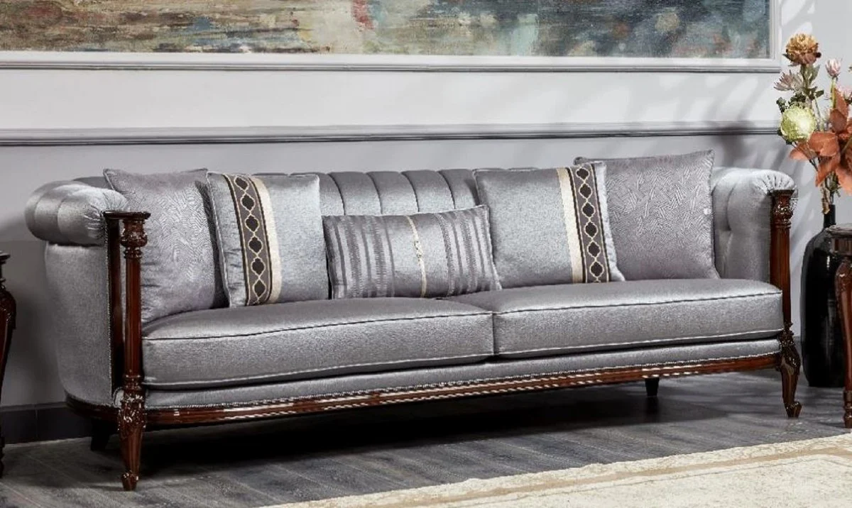 Luxus Barock Sofa Silber / Dunkelbraun - Prunkvolles Wohnzimmer Sofa - Barockstil Wohnzimmer Möbel - Luxus Möbel im Barockstil - Barock Einrichtung - Edel & Prunkvoll