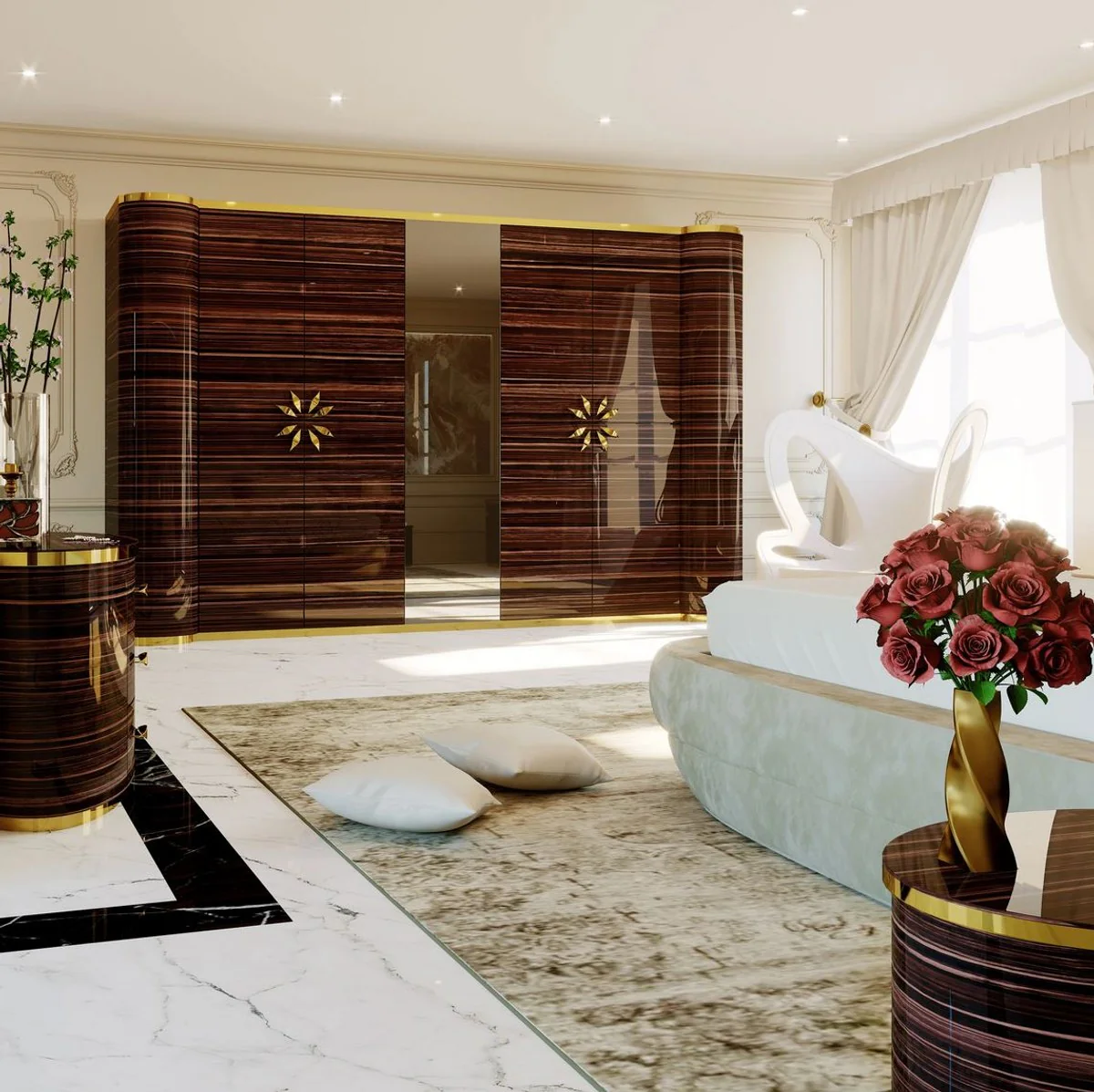 Luxus Designer Schlafzimmerschrank Hochglanz Braun / Gold 285 x 62 x H. 250 cm - Edler Massivholz Kleiderschrank mit 4 Türen - Hotel Möbel - Luxus Qualität - Made in Italy