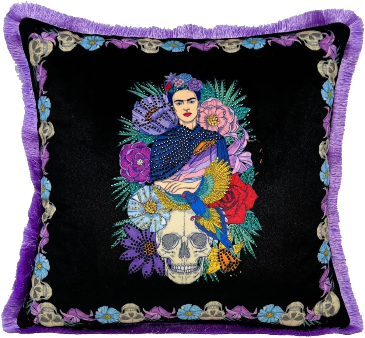 Frida Kahlo by Luxus Deko Kissen mit Strass Steinen Bunt / Schwarz / Lila
