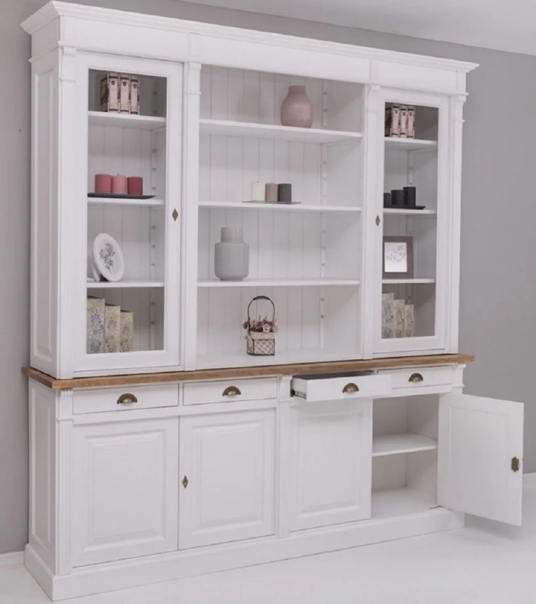 Landhausstil Esszimmerschrank Weiß / Braun 223 x 51 x H. 240 cm - Massivholz Schrank - Küchenschrank - Landhausstil Esszimmer Möbel