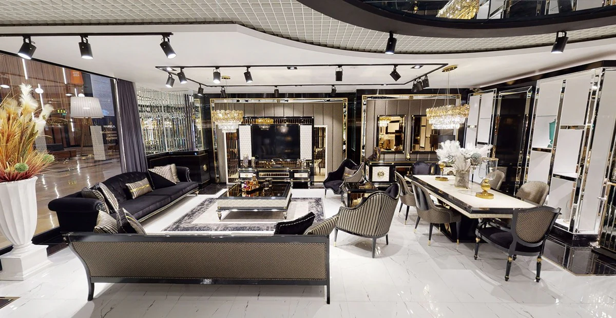 Luxus Art Deco Couchtisch Schwarz / Cremefarben / Gold - Prunkvoller Massivholz Wohnzimmertisch - Luxus Art Deco Wohnzimmer Möbel