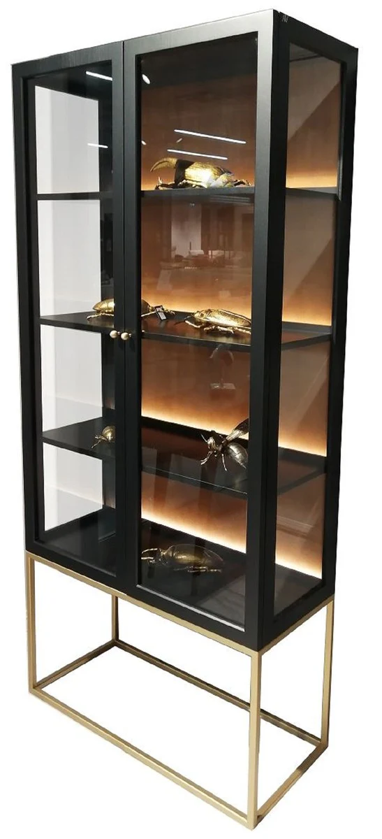 Luxus Vitrine mit LED Beleuchtung Matt Schwarz / Messing / Matt Cognac 90 x 40 x H. 200 cm - Beleuchteter Massivholz Vitrinenschrank mit 2 Glastüren - Wohnzimmer Möbel - Luxus Möbel