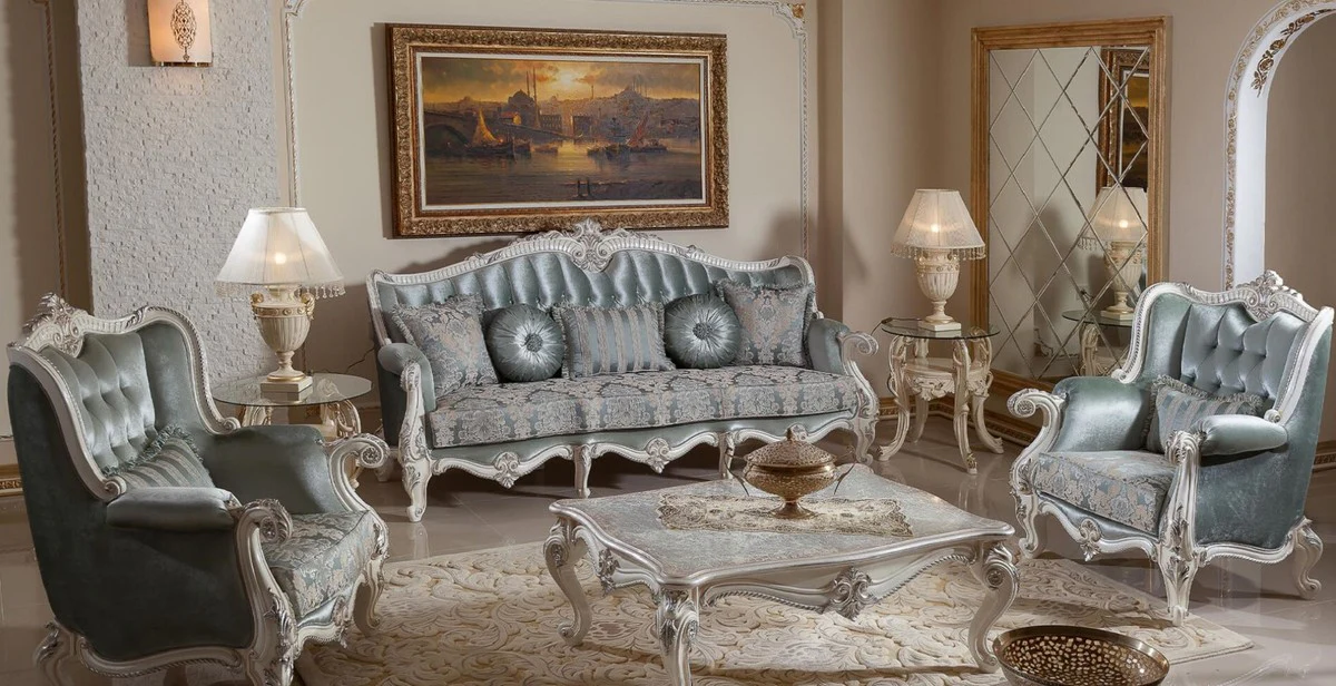 Luxus Barock Sofa Grün / Beige / Weiß / Silber - Prunkvolles Wohnzimmer Sofa mit elegantem Muster - Barock Möbel - Luxus Wohnzimmer Möbel im Barockstil - Edel & Prunkvoll