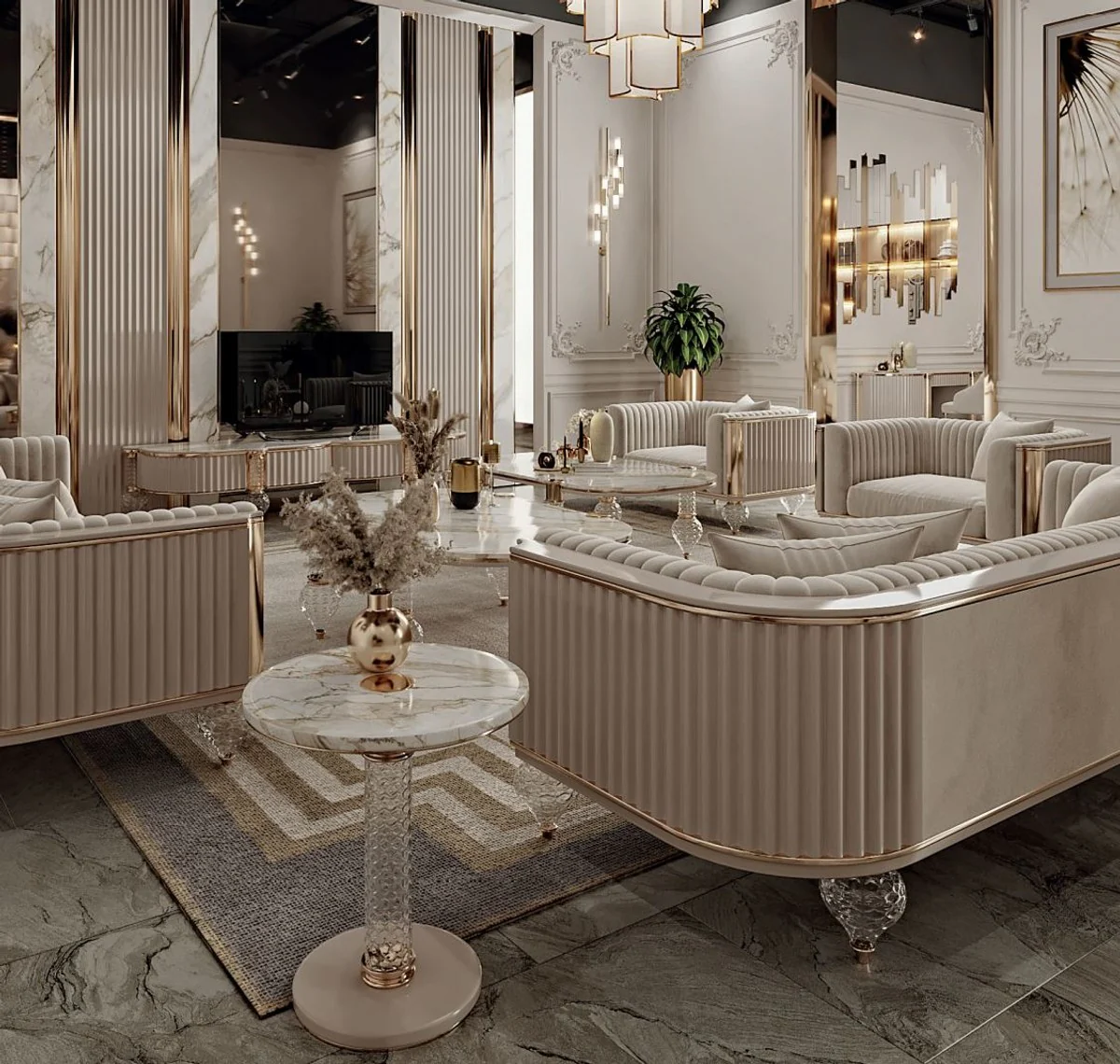 Luxus Art Deco Couchtisch Weiß / Grau / Gold 120 x 70 x H. 49 cm - Wohnzimmertisch mit edler Kunstmarmor Tischplatte - Art Deco Wohnzimmer Möbel - Luxus Wohnzimmer Möbel