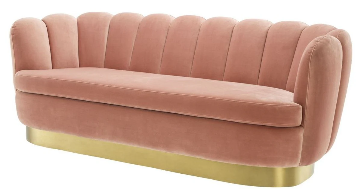 Luxus Samt Sofa Hautfarben / Messing 225 x 90 x H. 80 cm - Wohnzimmer Sofa - Hotel Sofa - Luxus Möbel - Luxus Qualität
