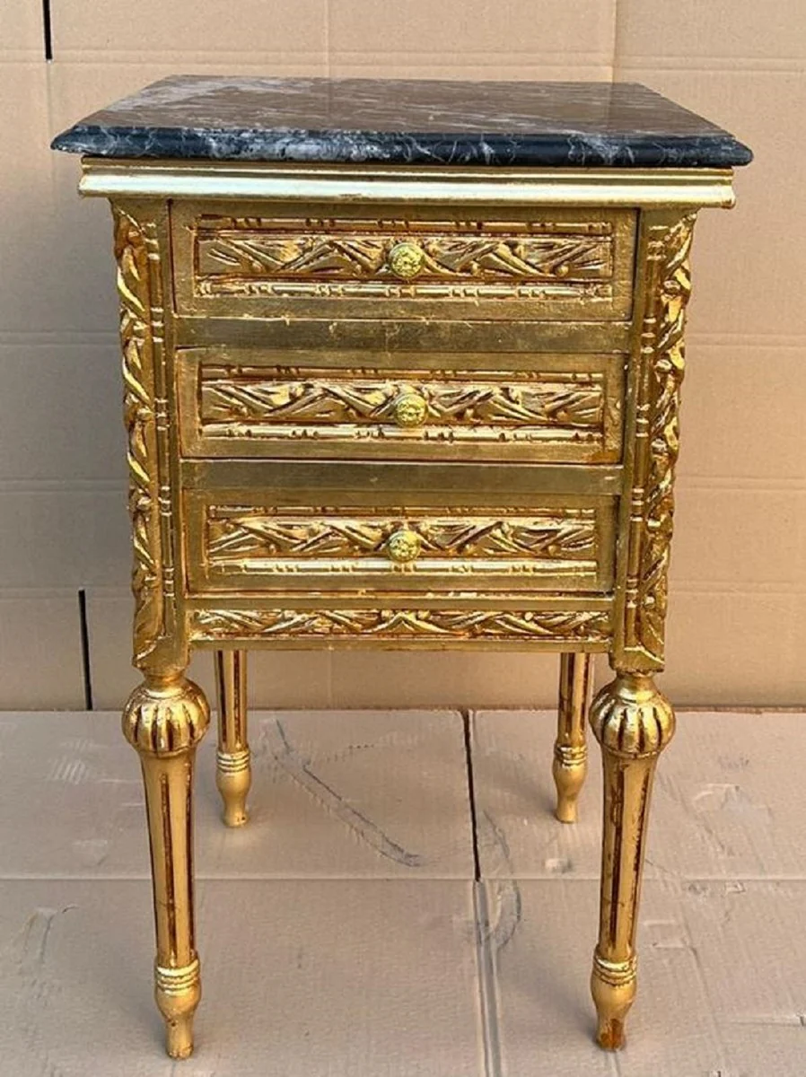 Barock Nachtkommode Gold / Schwarz - Prunkvolle Barockstil Kommode mit 3 Schubladen und Marmorplatte - Barock Möbel - Schlafzimmer Möbel im Barockstil