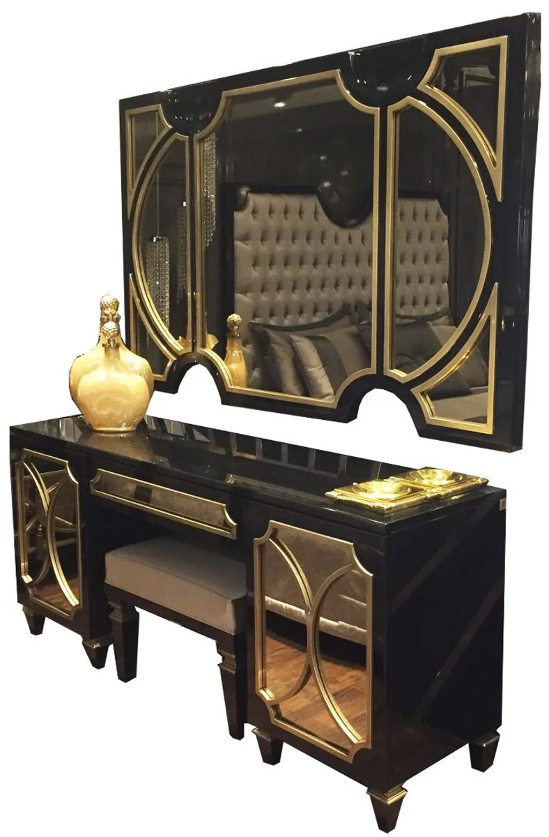 Luxus Barock Schlafzimmer Set Schwarz / Gold - 1 Wandspiegel & 1 Kommode & 1 Sitzhocker - Schlafzimmer Möbel - Edel & Prunkvoll