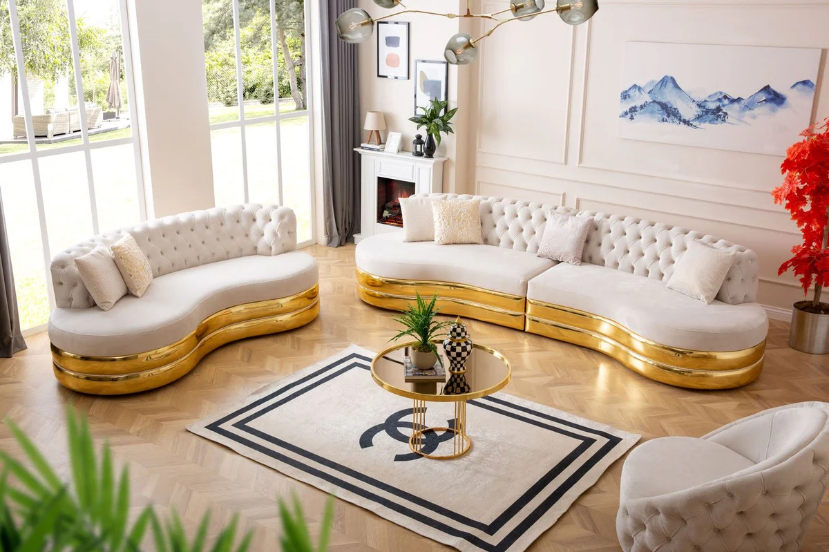 Luxus Chesterfield 3er Sofa Creme / Gold 230 x 105 x H. 82 cm - Gebogenes Chesterfield Wohnzimmer Sofa - Wohnzimmer Möbel - Chesterfield Möbel - Luxus Möbel - Luxus Einrichtung