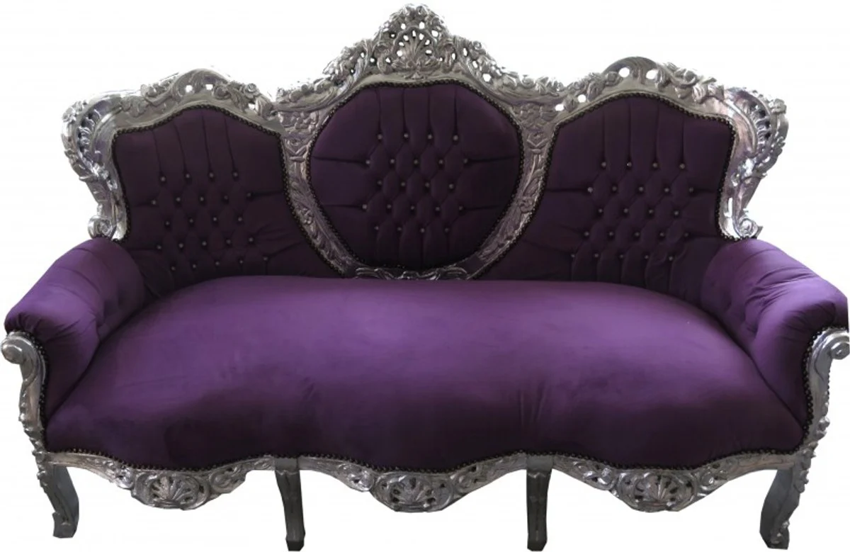 Barock 3er Sofa King Lila / Silber mit Bling Bling Glitzersteinen - Wohnzimmer Couch Möbel Lounge
