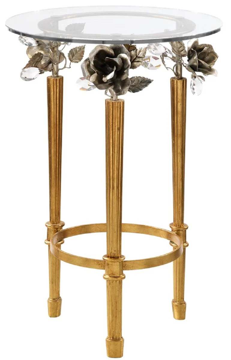Luxus Jugendstil Beistelltisch Gold Ø 46 x H. 70 cm - Runder Tisch mit Glasplatte dekorativen Rosen und Swarovski Kristallglas - Barock & Jugendstil Wohnzimmer Möbel