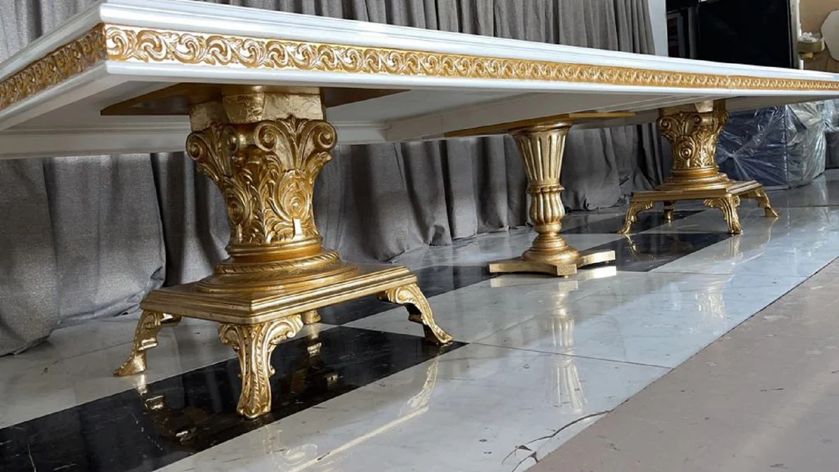 Luxus Barock Esstisch Creme / Weiß / Gold - Riesiger Massivholz Esszimmertisch - Esszimmer Möbel im Barockstil - Barock Möbel - Barock Einrichtung - Edel & Prunkvoll