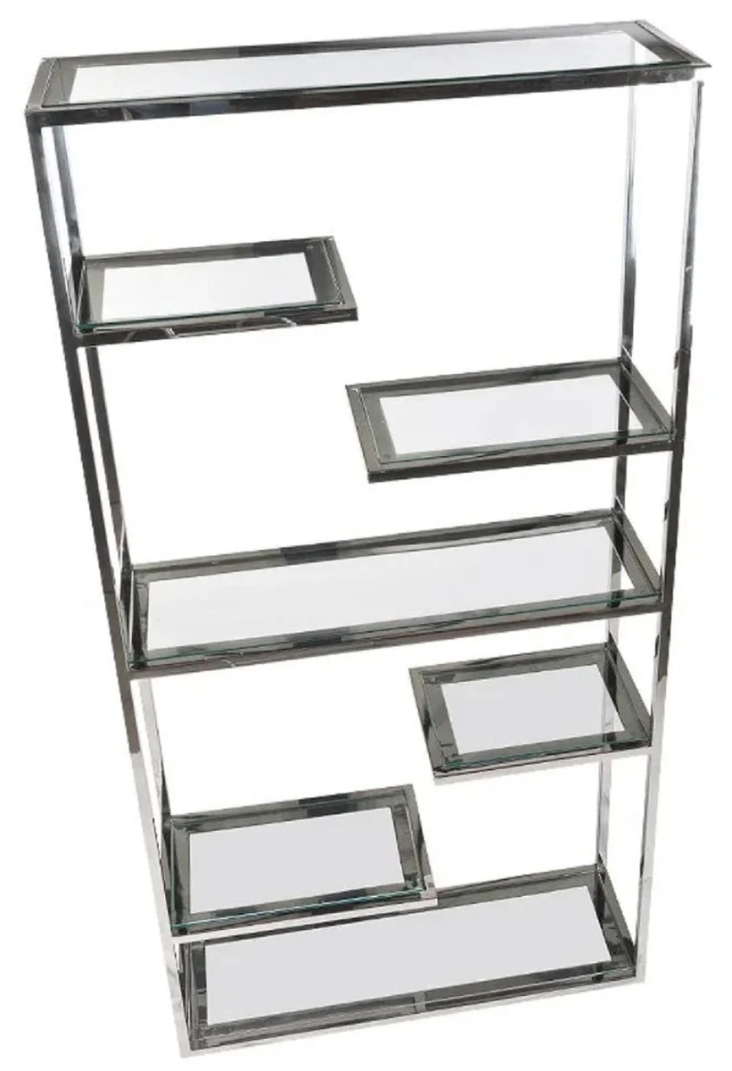 Regalschrank mit Glasregalen Silber 110 x 36 x H. 220 cm - Bücherschrank - Wohnzimmer Schrank - Büro Schrank - Wohnzimmer Möbel - Büro Möbel - Luxus Möbel