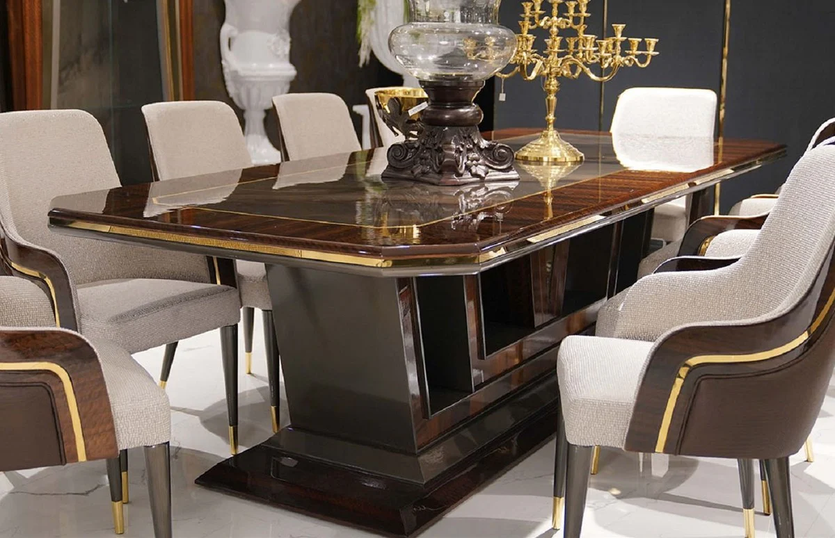 Luxus Esstisch Grau / Braun / Gold 350 x 112 x H. 70 cm - Rechteckiger Massivholz Küchentisch - Esszimmer Möbel - Luxus Möbel - Luxus Kollektion