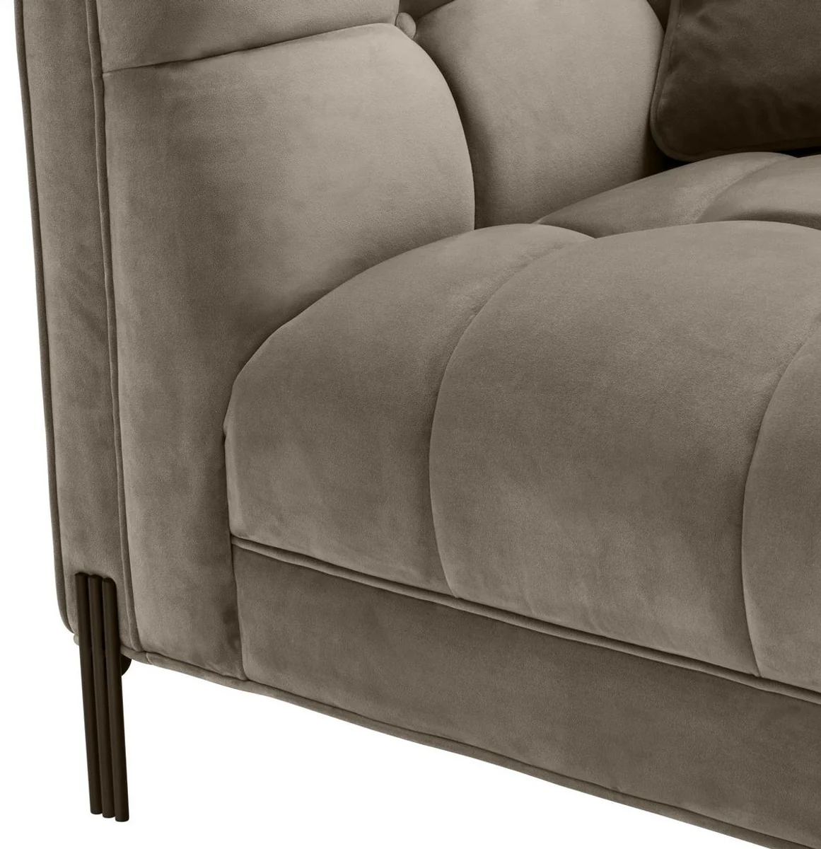 Luxus Lounge Sofa Greige / Schwarz 223 x 95 x H. 68 cm - Linksseitiges Wohnzimmer Sofa mit edlem Samtsoff und 2 Kissen