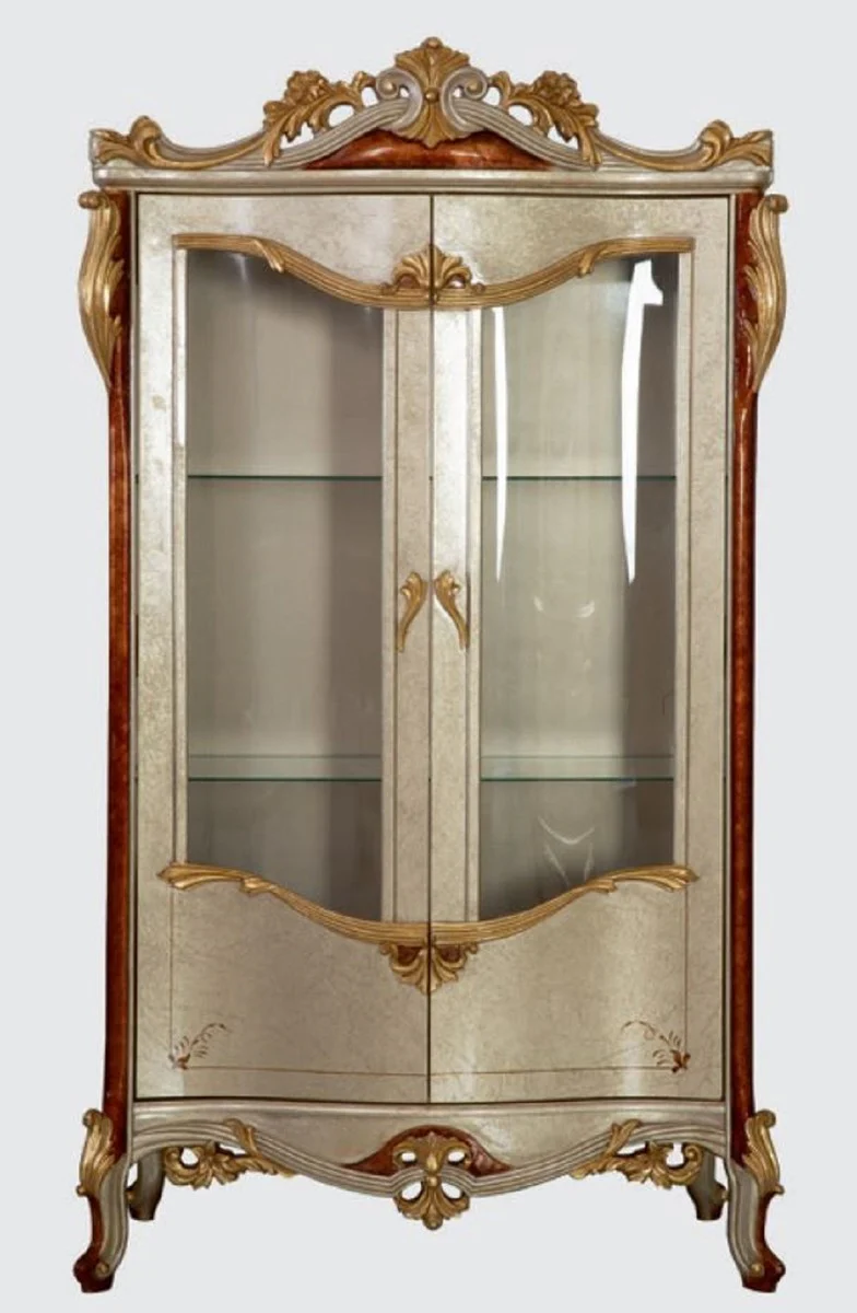 Luxus Barock Vitrine Silber / Braun / Gold - Handgefertigter Massivholz Vitrinenschrank mit 2 Türen - Prunkvolle Barock Möbel
