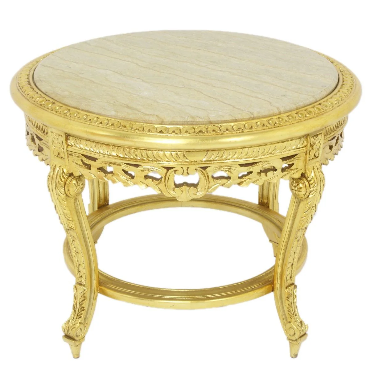 Großer Barock Beistelltisch mit Marmorplatte Gold / Creme Ø 70 x H. 45 cm - Runder Antik Stil Tisch - Barock Wohnzimmer Möbel