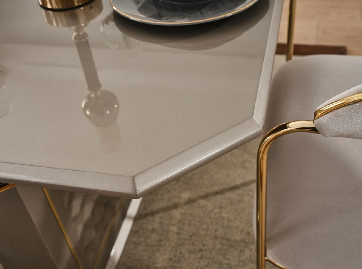 Luxus Art Deco Esszimmer Set Grau / Gold - 1 Ausziehbarer Esstisch & 4 Stühle