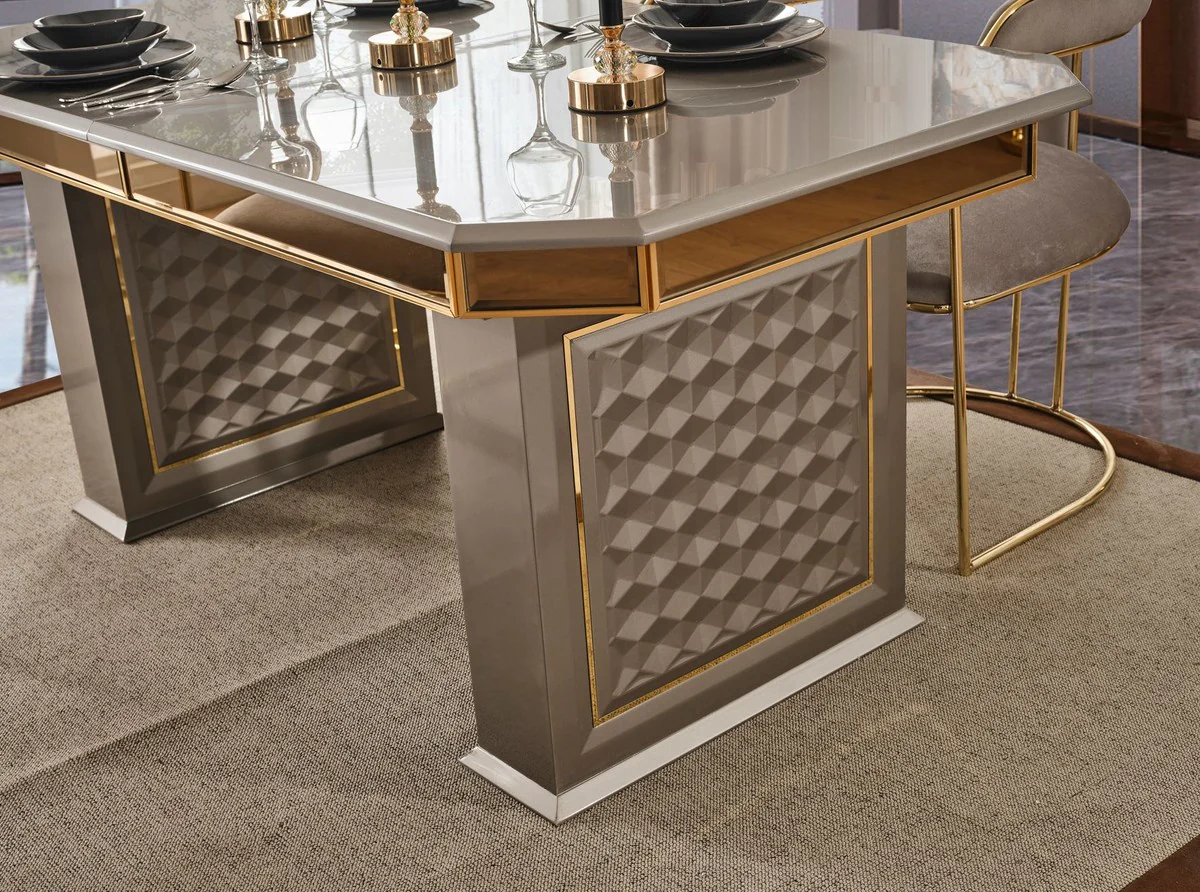 Luxus Art Deco Esszimmer Set Grau / Gold - 1 Ausziehbarer Esstisch & 6 Esszimmerstühle mit Armlehnen - Esszimmer Möbel - Art Deco Möbel - Luxus Möbel - Art Deco Einrichtung