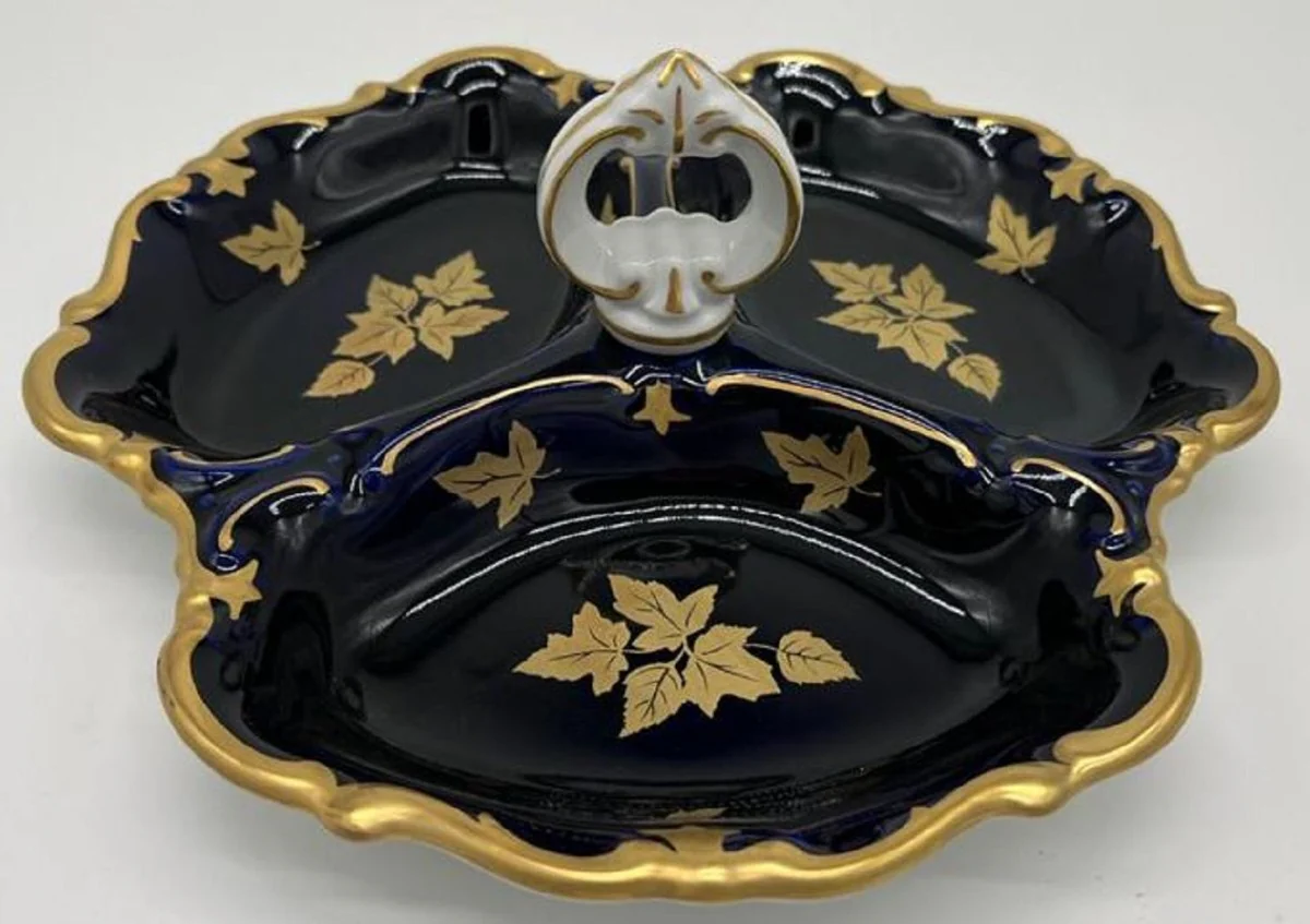 Luxus Barock Porzellan Servierschale mit Tragegriff Dunkelblau / Weiß / Gold Ø 25 cm - Gebäck & Nuss Schale - Luxus Barock Accessoires - Reichenbach Porzellan - Made in Germany
