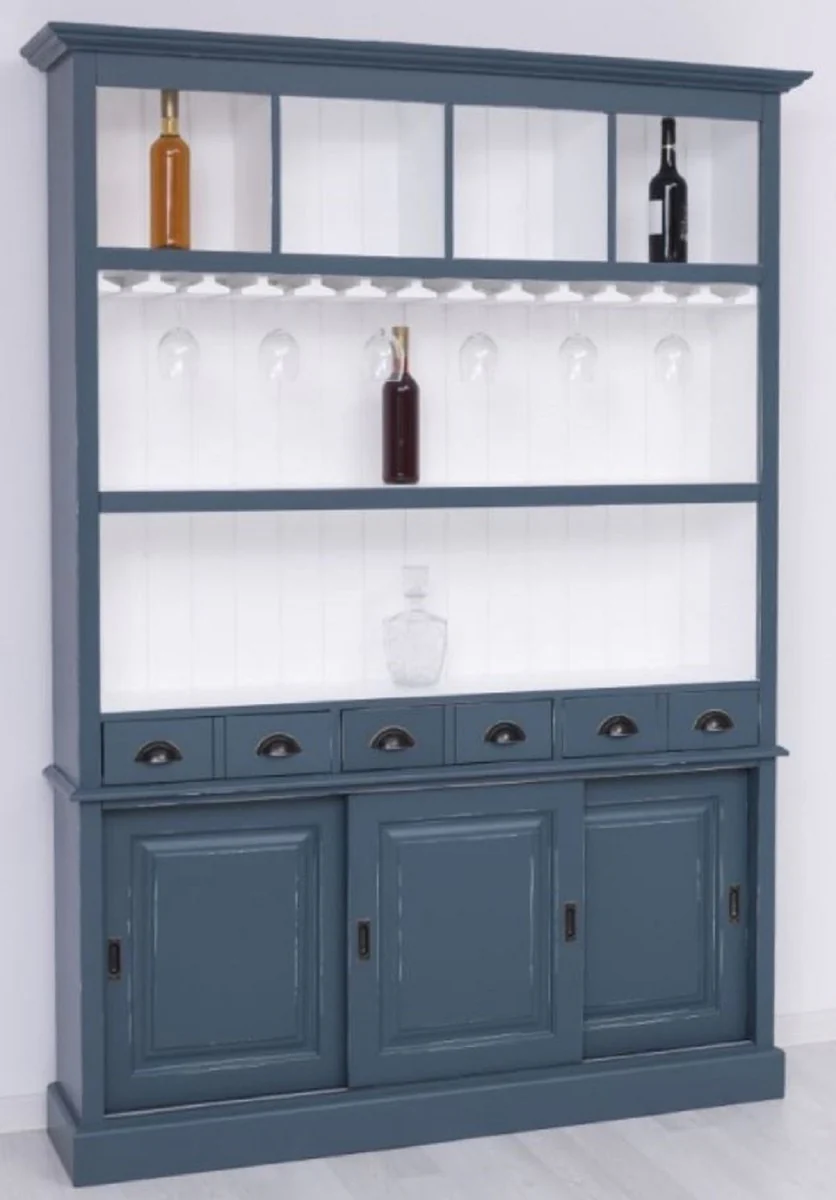 Landhausstil Massivholz Barschrank Antik Blau / Weiß 151 x 36 x H. 210 cm - Massivholz Weinschrank im Landhausstil - Massivholz Bar Möbel - Landhausstil Bar Möbel