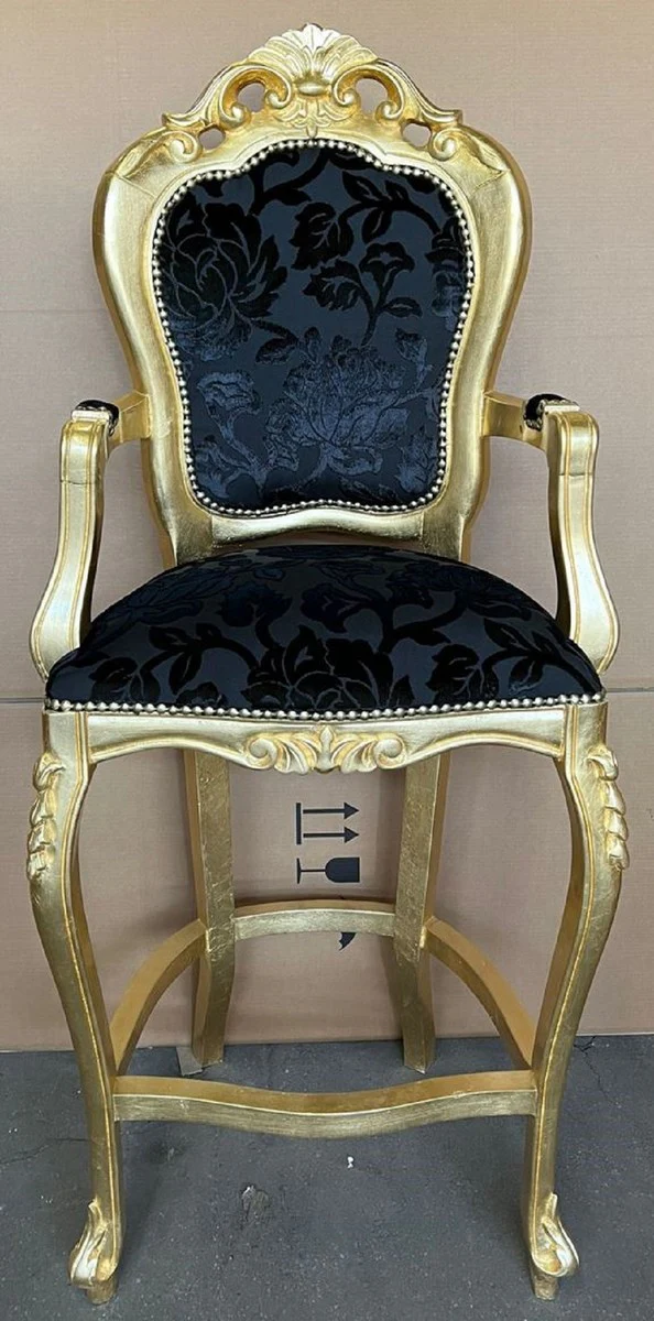 Luxus Barock Barstuhl mit Armlehnen Schwarz Muster / Gold - Barockstil Barhocker - Luxus Bar Möbel im Barockstil - Luxus Qualität - Made in Italy