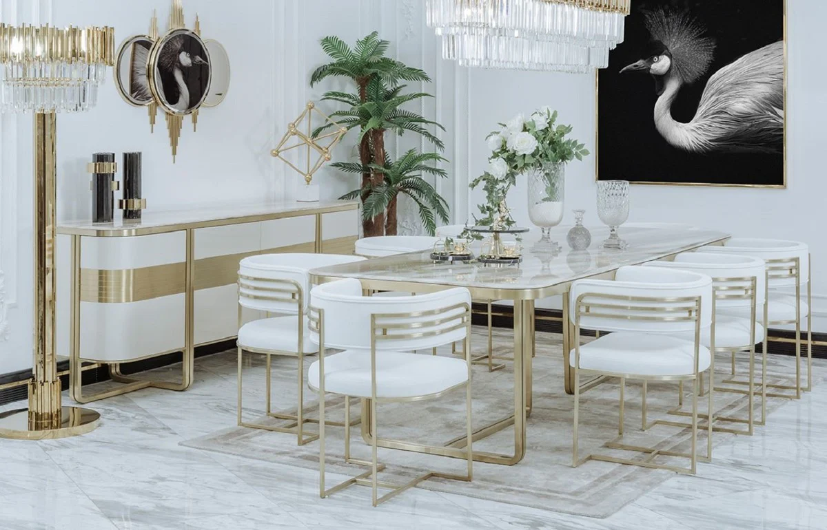 Luxus Esszimmer Stuhl Set mit Armlehnen Weiß / Gold 58 x 51 x H. 76 cm - Küchen Stühle 8er Set - Esszimmer Möbel - Restaurant Möbel - Luxus Möbel - Luxus Einrichtung