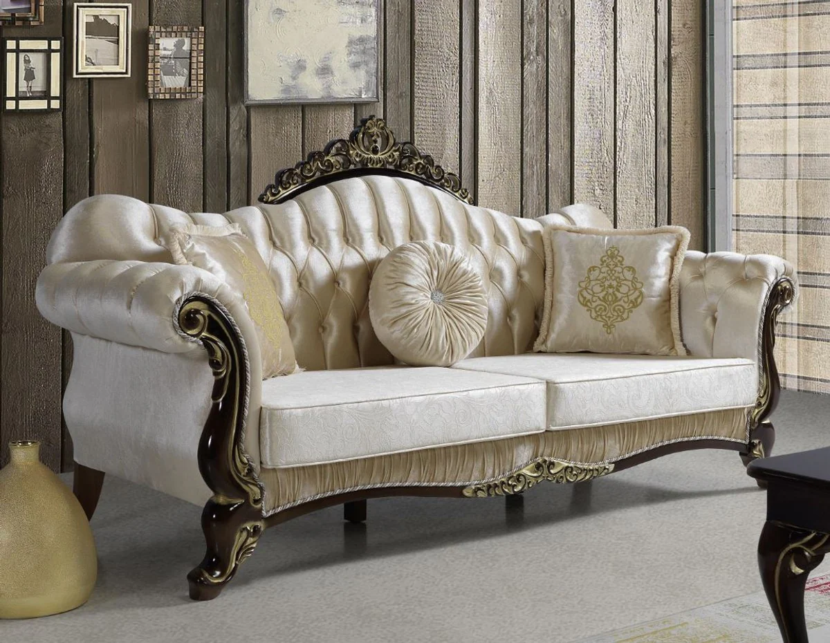 Barock Wohnzimmer Sofa mit Glitzersteinen Champagnerfarben / Schwarz / Gold 224 x 83 x H. 112 cm - Edle Wohnzimmer Möbel im Barockstil