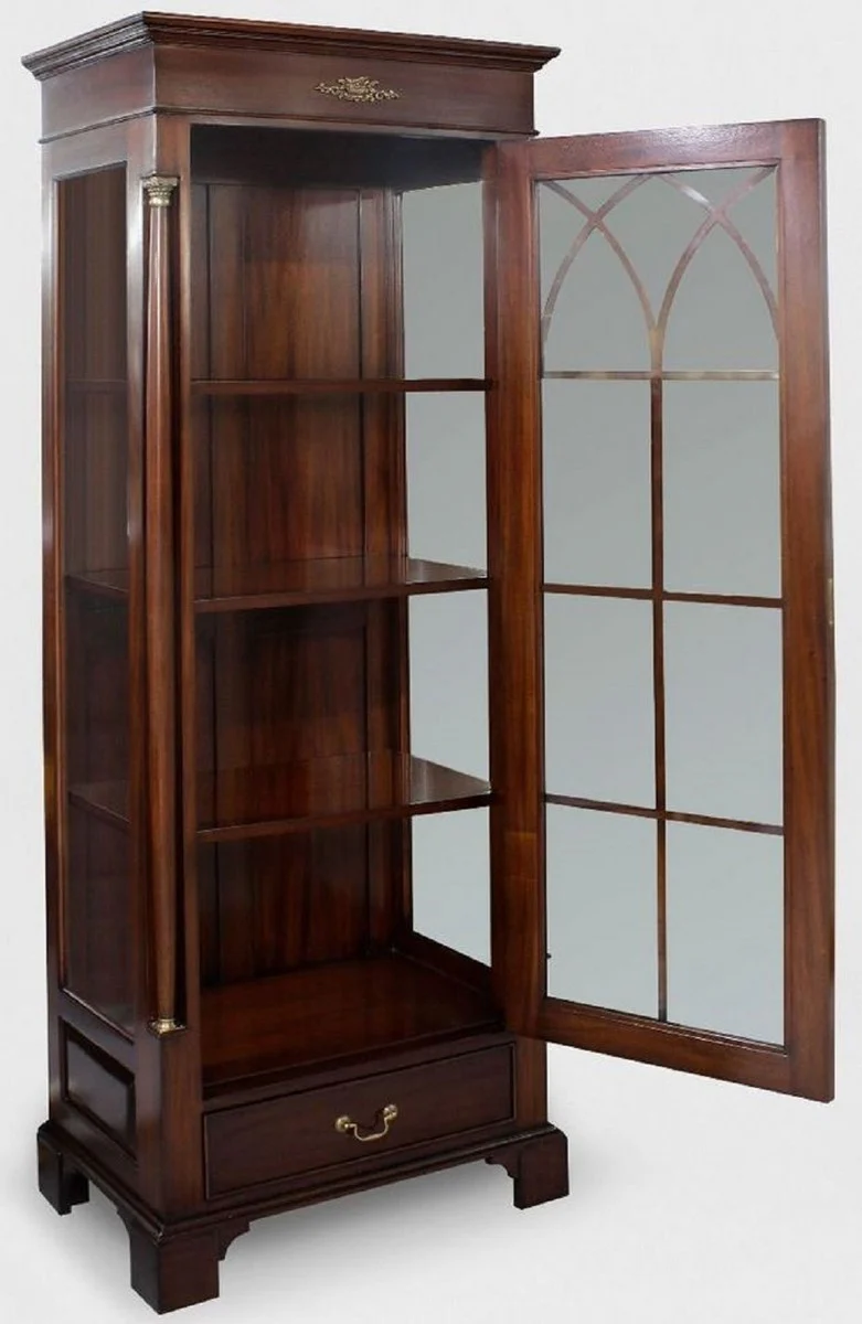 Luxus Vitrine Dunkelbraun 70 x 45 x H. 192 cm - Mahagoni Vitrinenschrank mit Glastür und Schublade - Luxus Mahagoni Wohnzimmer Möbel