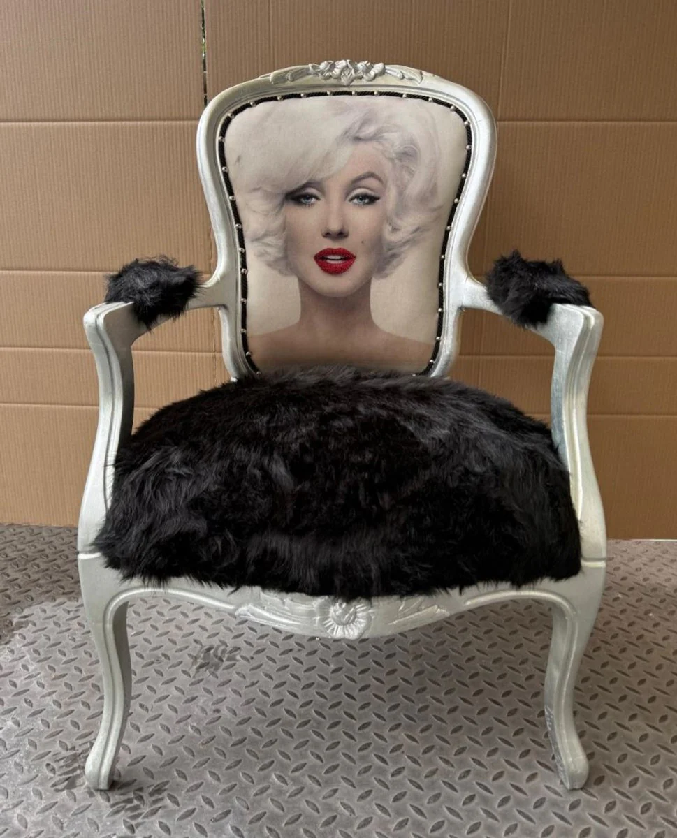 Luxus Barock Salon Stuhl mit Armlehnen Schwarz / Silber - Barock Möbel