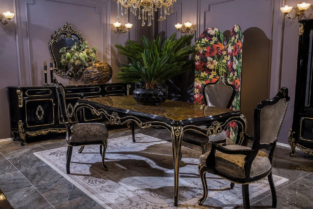 Luxus Barock Esszimmerstuhl Set Silber / Schwarz / Gold - Barock Küchen Stühle 6er Set - Luxus Esszimmer Möbel im Barockstil - Barock Esszimmer Möbel - Edel & Prunkvoll