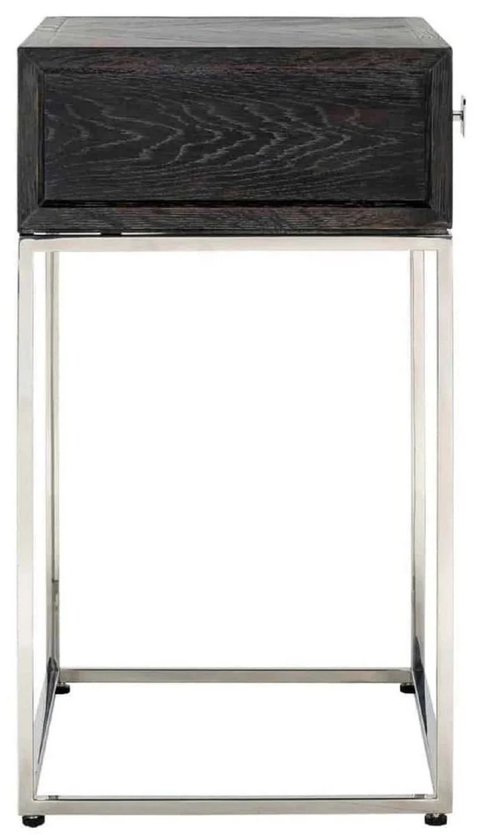 Luxus Beistelltisch Schwarz / Silber 50 x 40 x H. 71 cm - Massivholz Nachttisch mit Schublade und Edelstahl Gestell - Luxus Schlafzimmer Möbel