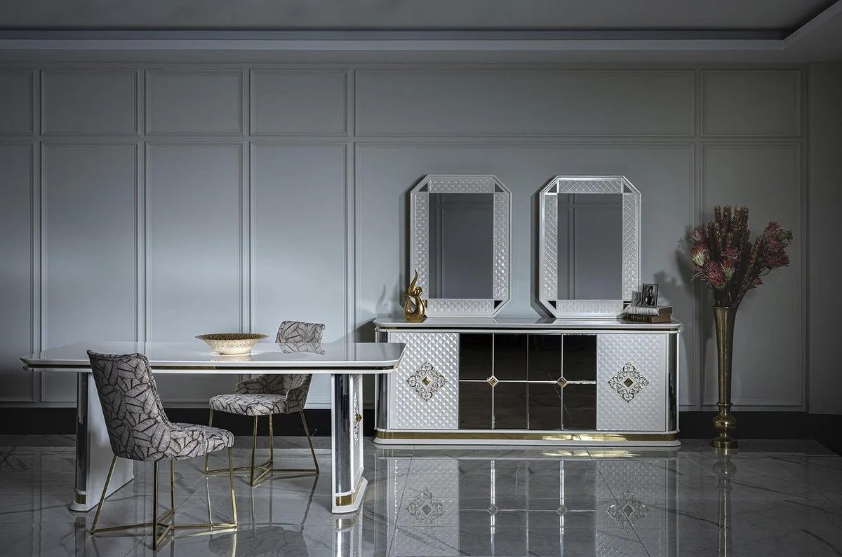 Luxus Art Deco Esstisch Weiß / Gold - Handgefertigter Massivholz Küchentisch mit Spiegelglas - Art Deco Esszimmer Möbel