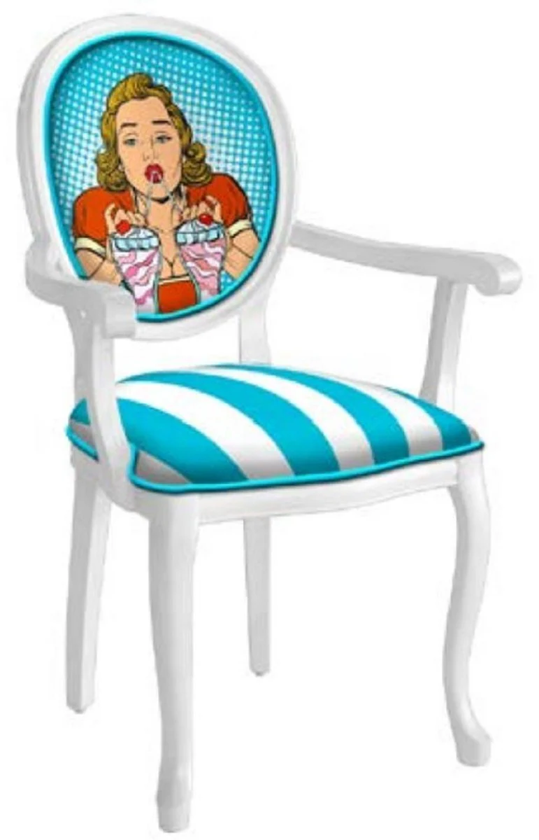 Barock Esszimmerstuhl Türkis / Mehrfarbig / Weiß - Handgefertigter Antik Stil Stuhl mit Armlehnen - Esszimmer Möbel im Barockstil